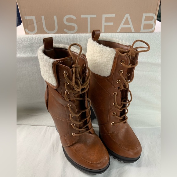 Lug Sole Platform Boots 4” Heel Shandee Sherpa Just Fabulous Saddle Brown Size 6 - Picture 6 of 6